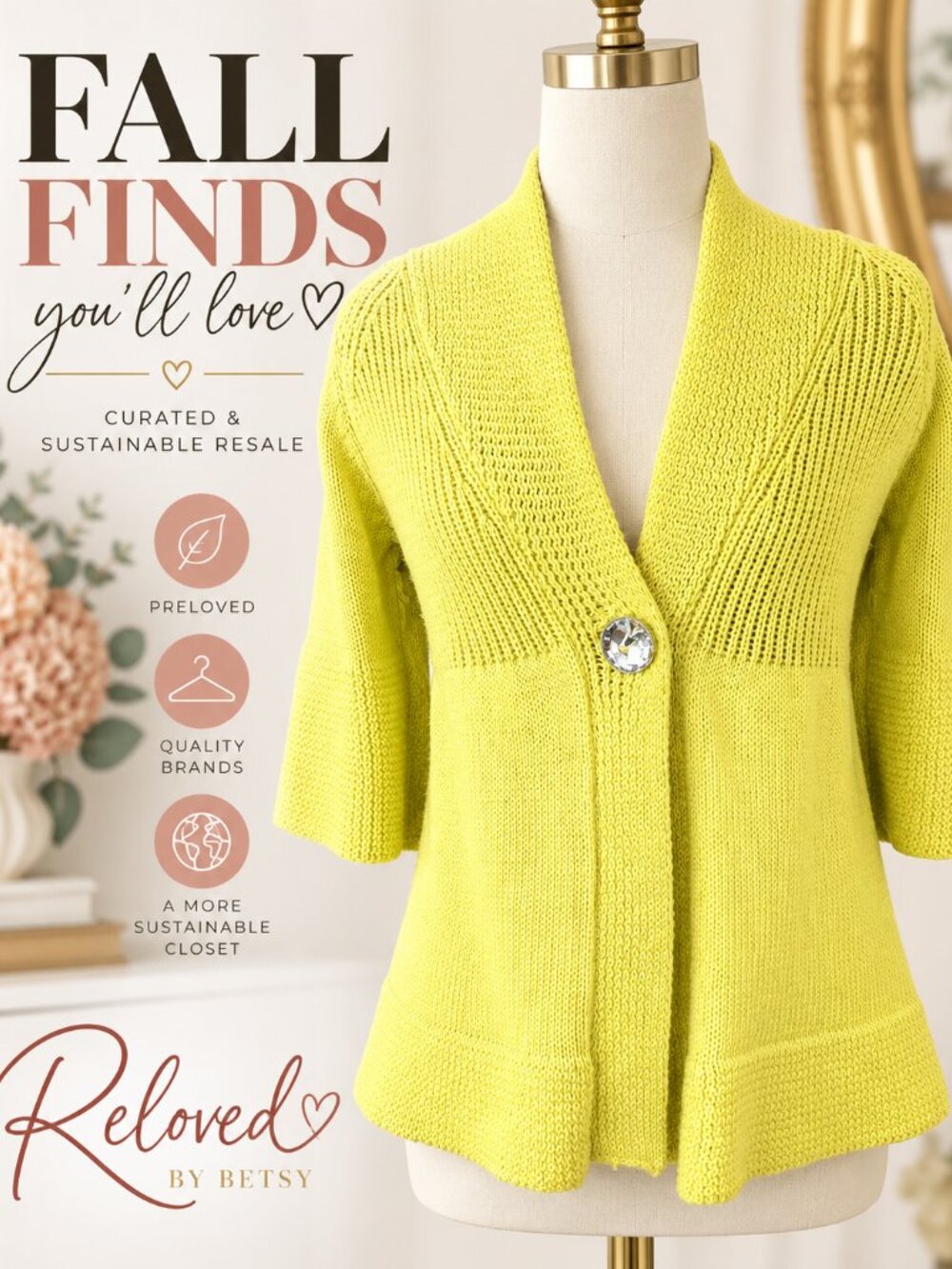 Pure Handknit S/M Chartreuse 100% Cotton Cardigan Crystal Button 3/4 Sleeve Boho